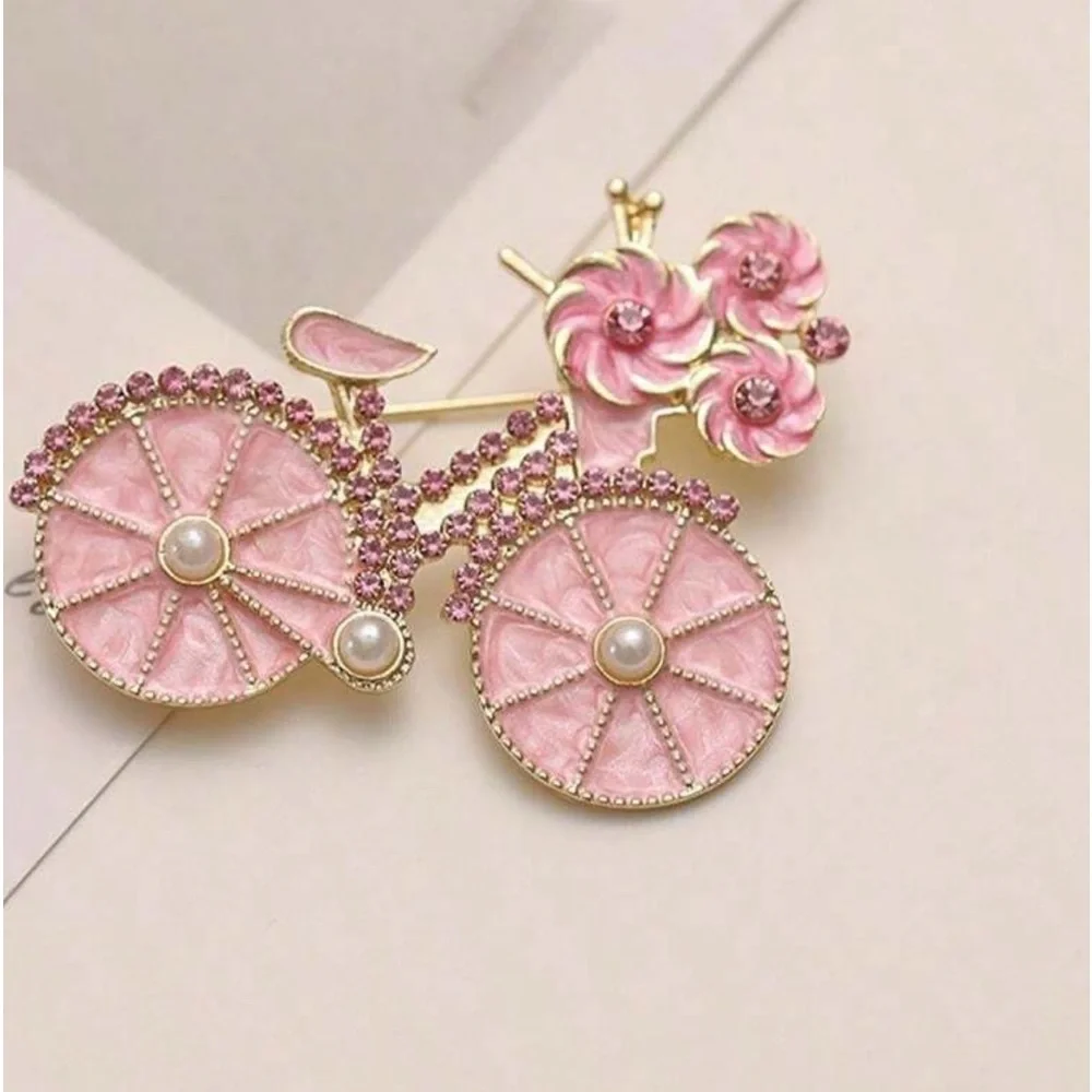 Pink Bicycle Brooch w/ Pearls, Pink Bike Brooch, Spring Brooch, Feminine Brooch